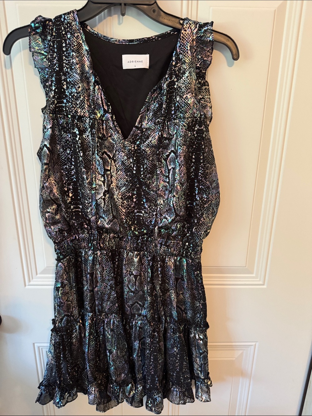 Adrienne Ladies Black Dress with Iridescent Blue-Green Snake Print